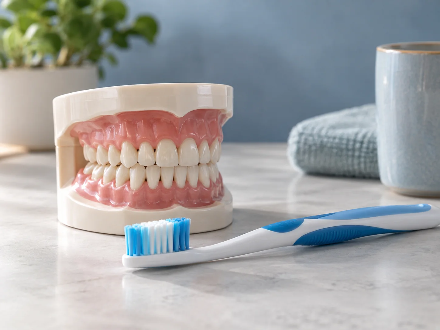 Furçë dhëmbësh pranë një modeli dentar